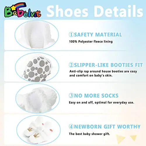 Babelvit Newborn Baby Boy Girl Soft Fleece Booties Stay On Infant Slippers Socks Shoe Non Skid Gripper Toddler First Walkers Winter Ankle Crib Shoes - 5