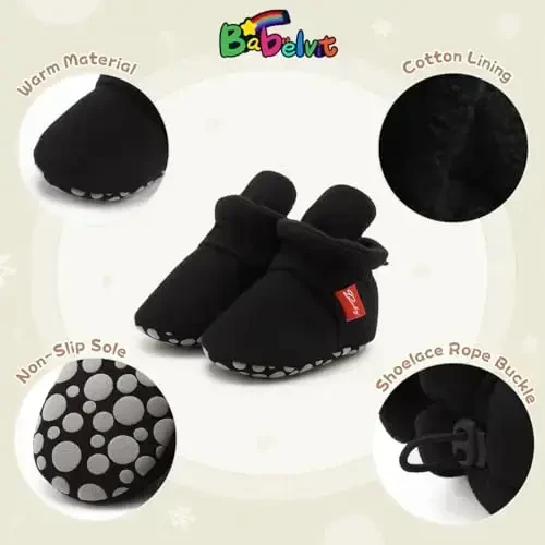 Babelvit Newborn Baby Boy Girl Soft Fleece Booties Stay On Infant Slippers Socks Shoe Non Skid Gripper Toddler First Walkers Winter Ankle Crib Shoes - 5