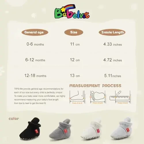 Babelvit Newborn Baby Boy Girl Soft Fleece Booties Stay On Infant Slippers Socks Shoe Non Skid Gripper Toddler First Walkers Winter Ankle Crib Shoes - 6