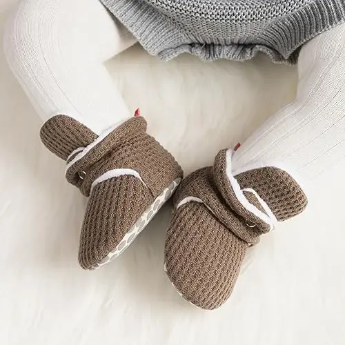 Babelvit Newborn Baby Boy Girl Soft Fleece Booties Stay On Infant Slippers Socks Shoe Non Skid Gripper Toddler First Walkers Winter Ankle Crib Shoes - 2