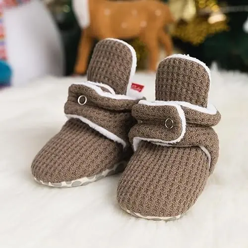 Babelvit Newborn Baby Boy Girl Soft Fleece Booties Stay On Infant Slippers Socks Shoe Non Skid Gripper Toddler First Walkers Winter Ankle Crib Shoes - 4