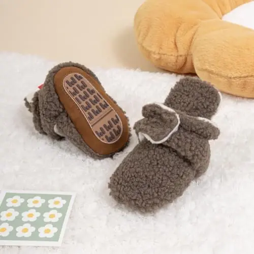 Babelvit Newborn Baby Boy Girl Soft Fleece Booties Stay On Infant Slippers Socks Shoe Non Skid Gripper Toddler First Walkers Winter Ankle Crib Shoes - 3