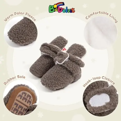 Babelvit Newborn Baby Boy Girl Soft Fleece Booties Stay On Infant Slippers Socks Shoe Non Skid Gripper Toddler First Walkers Winter Ankle Crib Shoes - 5