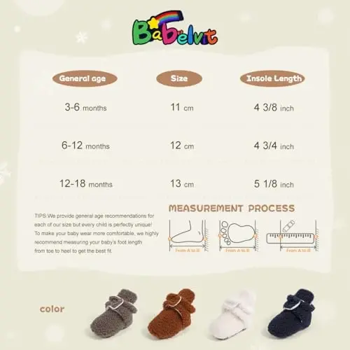 Babelvit Newborn Baby Boy Girl Soft Fleece Booties Stay On Infant Slippers Socks Shoe Non Skid Gripper Toddler First Walkers Winter Ankle Crib Shoes - 6