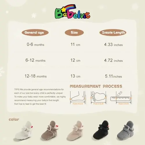Babelvit Newborn Baby Boy Girl Soft Fleece Booties Stay On Infant Slippers Socks Shoe Non Skid Gripper Toddler First Walkers Winter Ankle Crib Shoes - 6