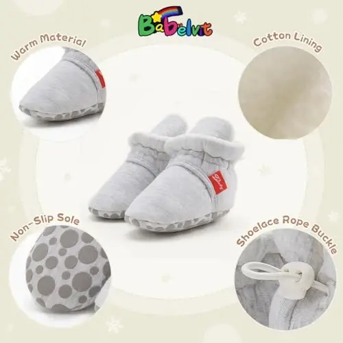 Babelvit Newborn Baby Boy Girl Soft Fleece Booties Stay On Infant Slippers Socks Shoe Non Skid Gripper Toddler First Walkers Winter Ankle Crib Shoes - 5