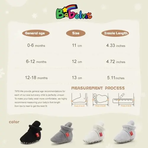 Babelvit Newborn Baby Boy Girl Soft Fleece Booties Stay On Infant Slippers Socks Shoe Non Skid Gripper Toddler First Walkers Winter Ankle Crib Shoes - 6