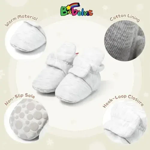 Babelvit Newborn Baby Boy Girl Soft Fleece Booties Stay On Infant Slippers Socks Shoe Non Skid Gripper Toddler First Walkers Winter Ankle Crib Shoes - 5