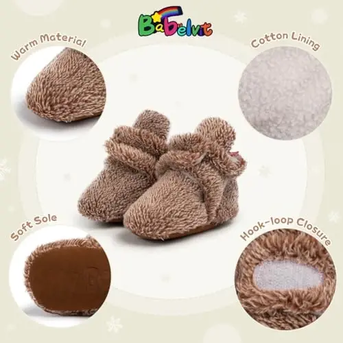 Babelvit Newborn Baby Boy Girl Soft Fleece Booties Stay On Infant Slippers Socks Shoe Non Skid Gripper Toddler First Walkers Winter Ankle Crib Shoes - 5