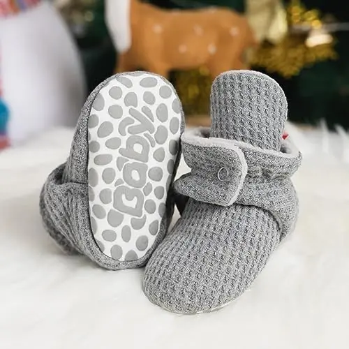 Babelvit Newborn Baby Boy Girl Soft Fleece Booties Stay On Infant Slippers Socks Shoe Non Skid Gripper Toddler First Walkers Winter Ankle Crib Shoes - 4