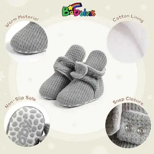 Babelvit Newborn Baby Boy Girl Soft Fleece Booties Stay On Infant Slippers Socks Shoe Non Skid Gripper Toddler First Walkers Winter Ankle Crib Shoes - 5