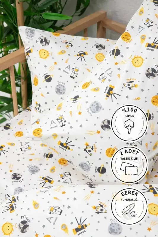 Baby %100 Cotton Astronaut Baby Duvet Cover Set - Anthracite-Anthracite - 2