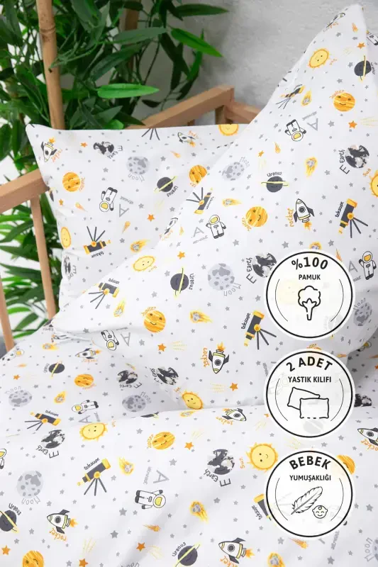 Baby %100 Cotton Astronaut Baby Duvet Cover Set - Gray-Gray - 2