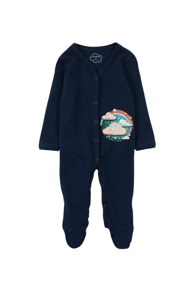 Baby 100% Cotton Cloud Print Navy Long-Sleeve Footed Jumpsuit - MAVIPINK