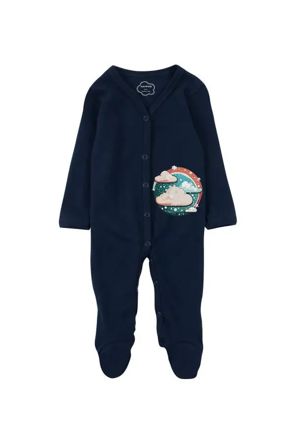 Baby 100% Cotton Cloud Print Navy Long-Sleeve Footed Jumpsuit - 1