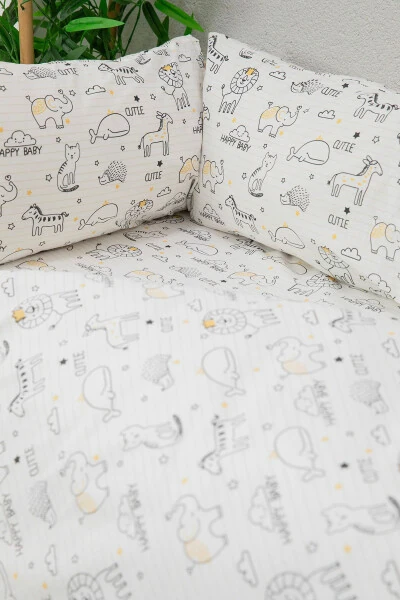 Baby %100 Cotton Happy Baby Bedding Set - White - 7