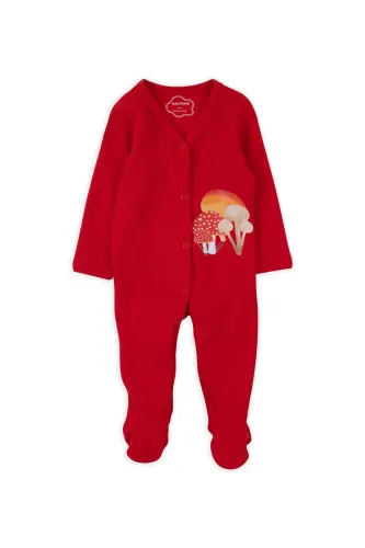 Baby 100% Cotton Hello Mushroom Print Red Long-Sleeved Footed Romper - 2