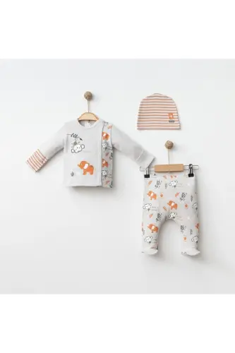 Baby 3-Piece Set 100% Cotton Animal Print Pants and Hat Set-BRICK - 1