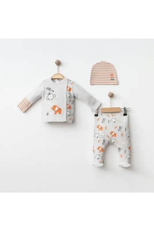 Baby 3-Piece Set 100% Cotton Animal Print Pants and Hat Set-BRICK - GÜMÜŞ BABY KIDS