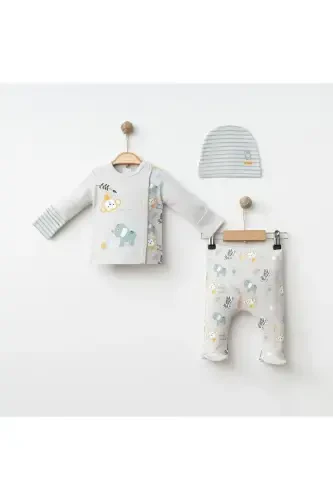 Baby 3-Piece Set 100% Cotton Animal Print Pants and Hat Set-GREEN - 1