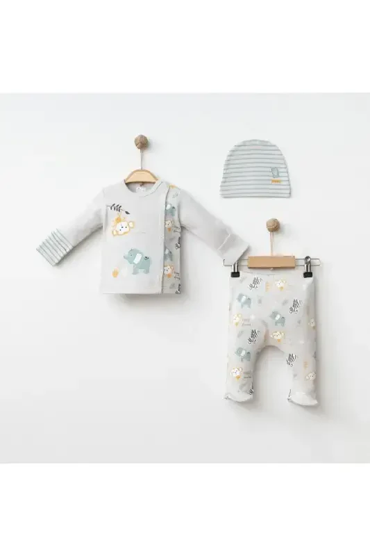 Baby 3-Piece Set 100% Cotton Animal Print Pants and Hat Set-GREEN - 1