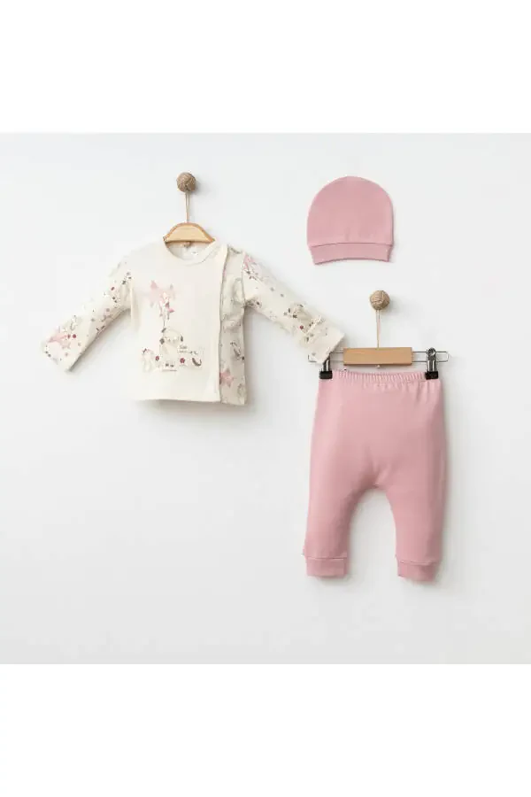 Baby 3 Piece Set 100% Cotton Lamb Print Pants and Hat Set - 1