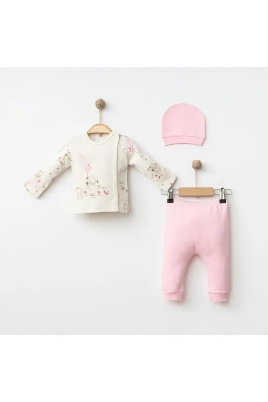 Baby 3-Piece Set 100% Cotton Lamb Print Pants and Hat Set-PINK - GÜMÜŞ BABY KIDS