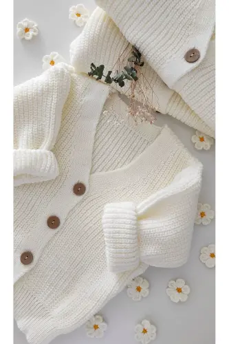 Baby and Kids' Knitted Cardigan - Ecru - 7
