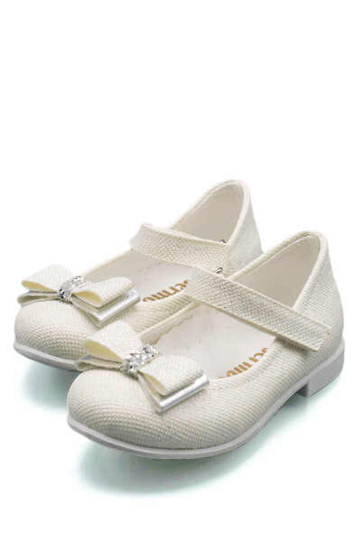 Baby Ballerina Flats with Bow and Rhinestone Detail, Ecru - 2