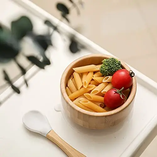 Baby Bamboo Bowls with Suction and Matching Spoon Set - 2PC Feeding Supplies Set for Infant, Toddlers - Detachable Silicone Suction Stay Put Base for Wooden Bowl - BPA Free （Marble） - 6
