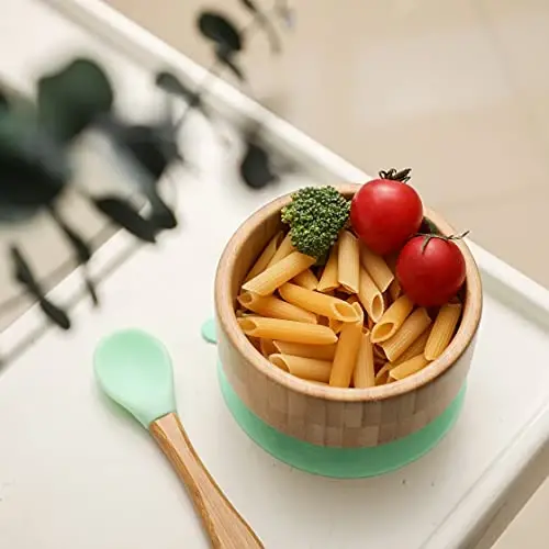 Baby Bamboo Bowls with Suction and Matching Spoon Set - 2PC Feeding Supplies Set for Infant, Toddlers - Detachable Silicone Suction Stay Put Base for Wooden Bowl - BPA Free （Mint） - 2