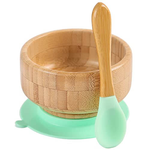 Baby Bamboo Bowls with Suction and Matching Spoon Set - 2PC Feeding Supplies Set for Infant, Toddlers - Detachable Silicone Suction Stay Put Base for Wooden Bowl - BPA Free （Mint） - 1