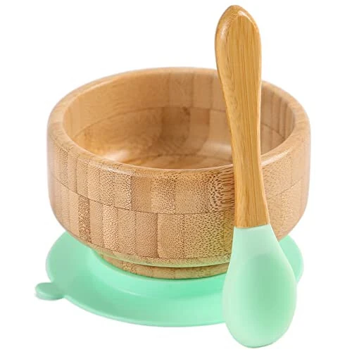 Baby Bamboo Bowls with Suction and Matching Spoon Set - 2PC Feeding Supplies Set for Infant, Toddlers - Detachable Silicone Suction Stay Put Base for Wooden Bowl - BPA Free （Mint） - HI BABY MONMENT