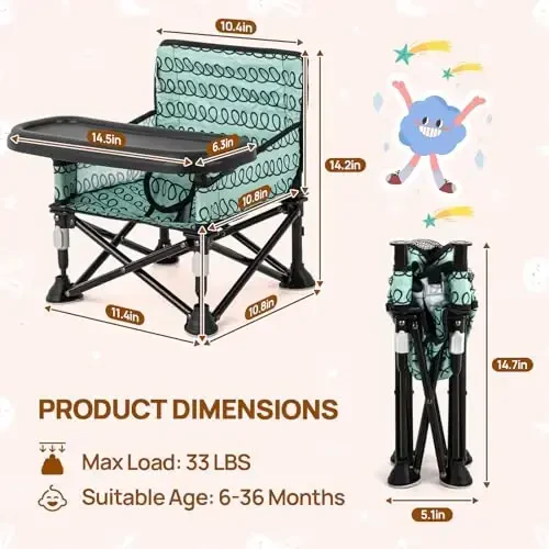 Baby Beach Chair, Beach Chair for Babies Booster Seat for Kitchen Chair, Baby Camping Chair with Tray, Indoor/Outdoor Use (Green) - 5