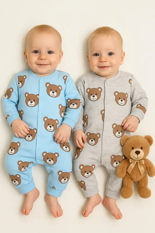 Baby Bear Patterned 2-Piece Jumpsuit Set Newborn Outfit-BlueGray - VERONA TARZ
