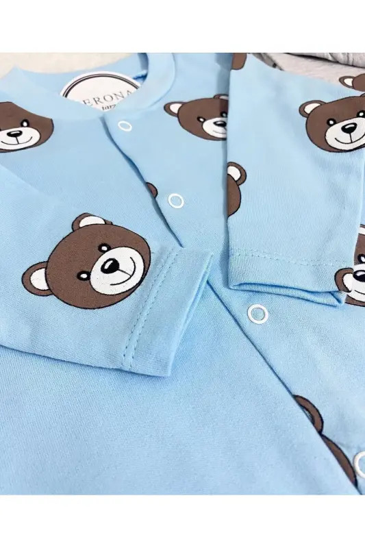 Baby Bear Patterned 2-Piece Jumpsuit Set Newborn Outfit-BlueGray - 5