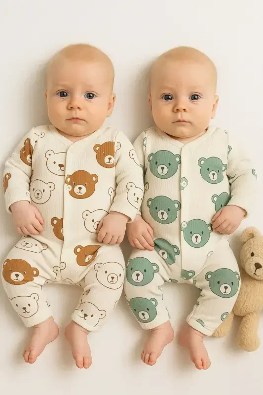 Baby Bear Patterned 2-Piece Romper Set Newborn Outfit-GreenBrown - 1