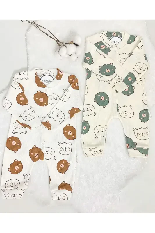 Baby Bear Patterned 2-Piece Romper Set Newborn Outfit-GreenBrown - 2