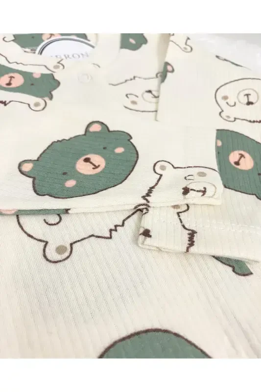 Baby Bear Patterned 2-Piece Romper Set Newborn Outfit-GreenBrown - 5