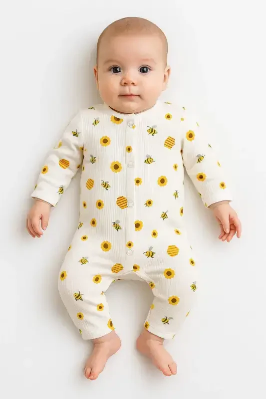 Baby Bee Print Snap-Up Newborn Baby Romper 100% Cotton Flexible 1-3-6 Months Unisex-WHITE BEE - 1