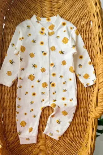 Baby Bee Print Snap-Up Newborn Baby Romper 100% Cotton Flexible 1-3-6 Months Unisex-WHITE BEE - 2