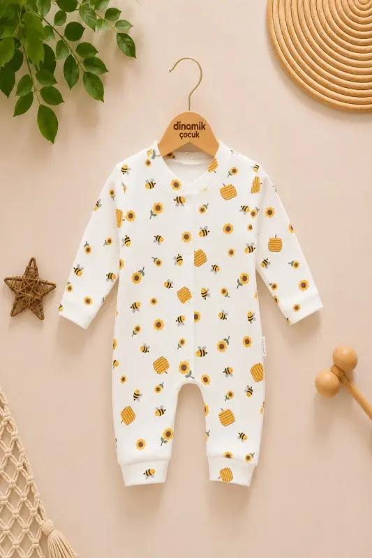 Baby Bee Print Snap-Up Newborn Baby Romper 100% Cotton Flexible 1-3-6 Months Unisex-WHITE BEE - 1