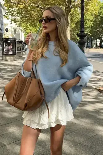 Baby Blue Crew Neck Oversize Knit Sweater MG1972-Baby Blue - 1