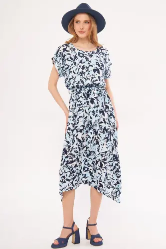 Baby Blue Elastic Waist Tie Detailed Patterned Dress ARM-22Y001044-Baby Blue - 4