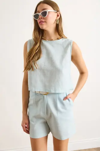 Baby Blue Flam Linen Crop Blouse BLZ-19002925-Baby Blue 