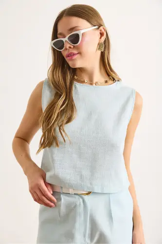 Baby Blue Flam Linen Crop Blouse BLZ-19002925-Baby Blue - 5