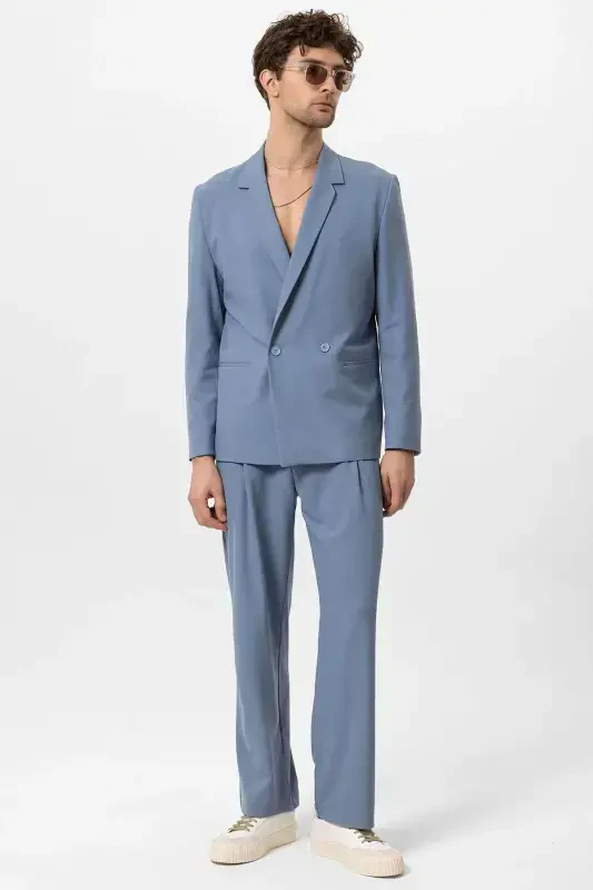 Baby Blue Single Button Double Breasted Closure Men's Blazer Jacket-Baby Blue - 4