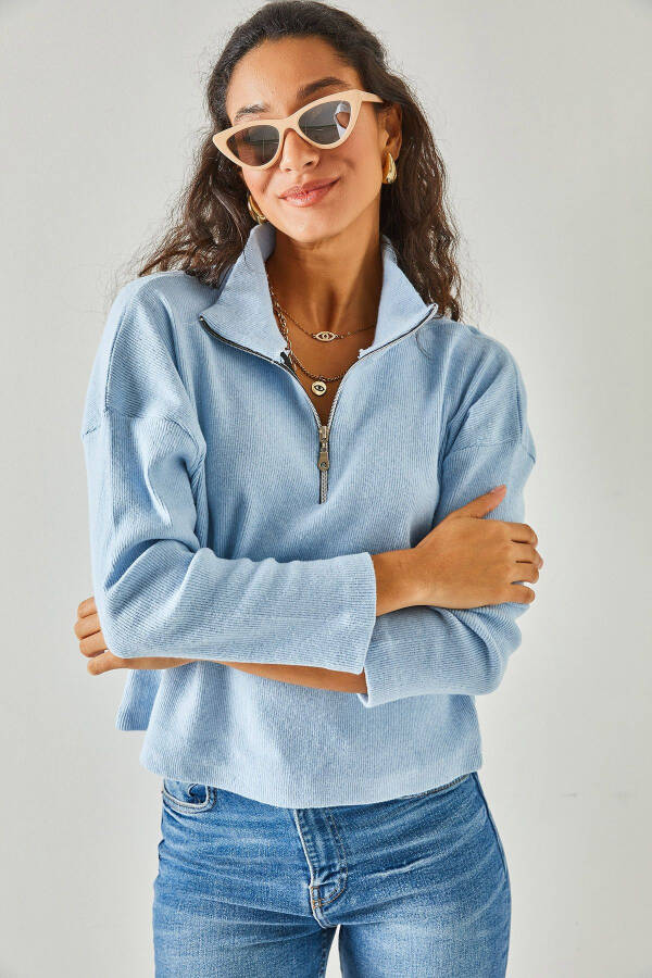 Baby Blue Zipped Turtleneck Thistled Sweater KZK-19000640 - 1