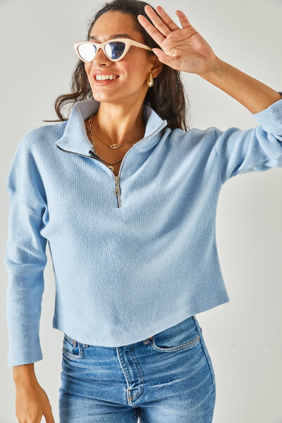 Baby Blue Zipped Turtleneck Thistled Sweater KZK-19000640 - 2
