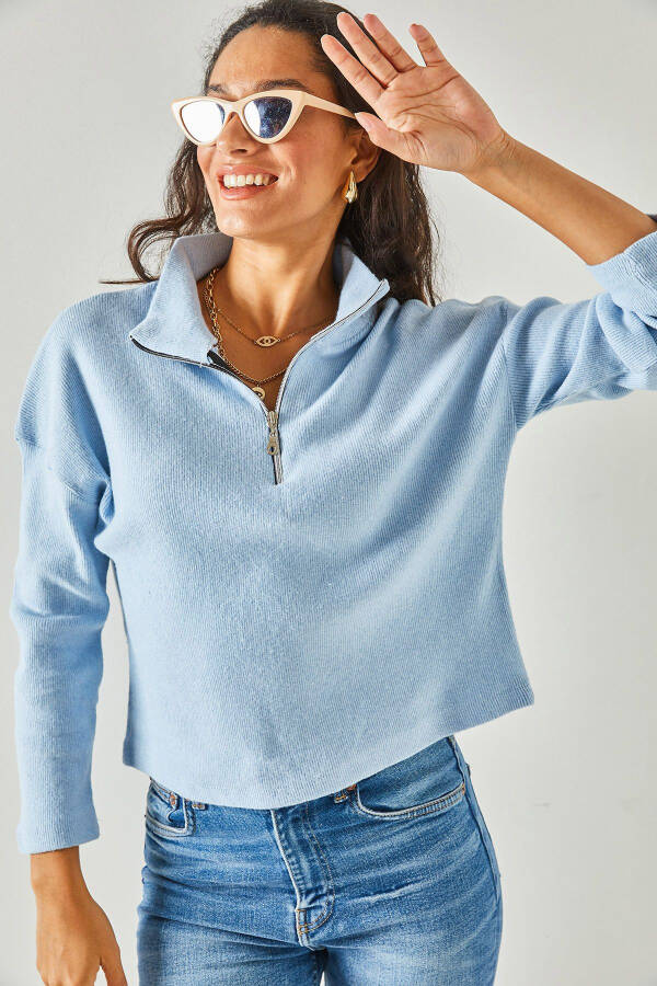 Baby Blue Zipped Turtleneck Thistled Sweater KZK-19000640 - 2